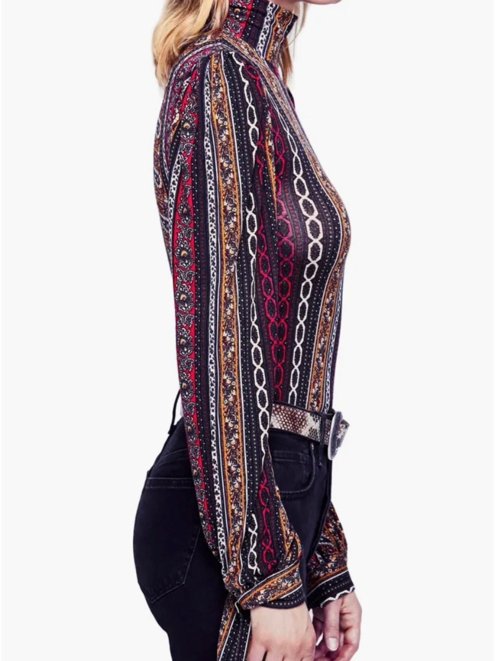 Free People Striped Paisley Mock-Neck Top - Black, Red, Gold size medium - Picture 3 of 6
